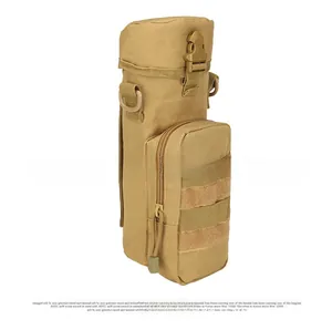 Macro detail of khaki tactical water bottle pouch with MOLLE system and durable nylon fabric