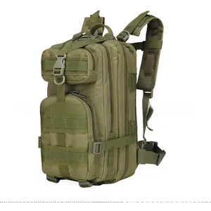 Close-up of military army green tactical backpack featuring heavy-duty MOLLE webbing system