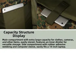 Tactical backpack interior showing padded compartment for a 14-inch laptop and large storage
