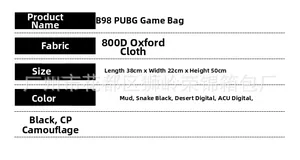 Detailed specifications table for 800D oxford tactical backpack B98 with dimensions and colors