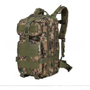 Detailed view of tactical 3P backpack in jungle digital camo with MOLLE webbing system