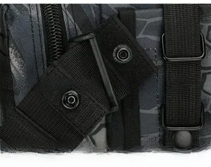 Detail of metal snap button and high-strength velcro on tactical belt pouch