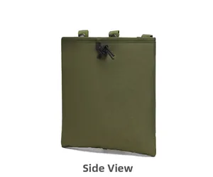 Side view of military green tactical nylon utility pouch with drawstring and MOLLE straps