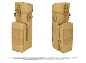 Detail view of khaki tactical water bottle pouch with Molle webbing and plastic buckle