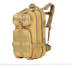 Detail view of khaki tactical backpack featuring heavy-duty MOLLE webbing and mesh padding