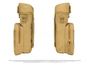 Detailed view of khaki tactical water bottle pouch with MOLLE webbing and D-ring hook