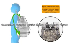 Detail of ergonomic S-shaped shoulder straps and chest buckle on camo tactical backpack