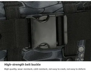 Close-up of high-strength plastic buckle on digital camo waterproof tactical waist bag