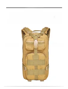 Close-up of tactical backpack MOLLE system and durable khaki oxford fabric material