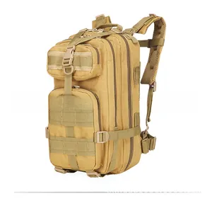 Side view of khaki tactical backpack featuring MOLLE webbing and durable nylon fabric