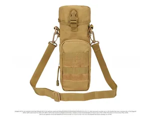 Detail view of khaki tactical water bottle bag with MOLLE system and adjustable strap