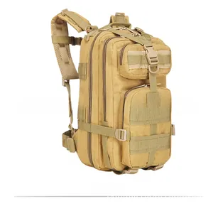 Side view of tactical khaki hiking backpack showing durable MOLLE webbing and side straps