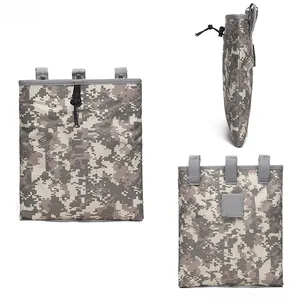 Three-view layout showing digital camo tactical dump pouch with drawstring and buckle hooks
