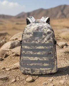 Detailed view of desert digital camouflage tactical backpack with MOLLE webbing and velcro