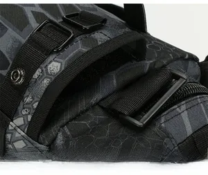 Detail of the honeycomb camo tactical waist bag showing the velcro belt storage pocket