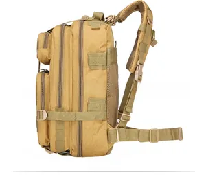 Side view of tactical khaki backpack featuring MOLLE webbing and padded shoulder straps