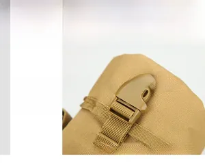 Detail show of durable high-strength buckle and khaki tactical canvas bag texture
