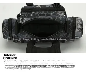 Detail view of tactical waist bag with internal mesh pockets and multi-compartment storage