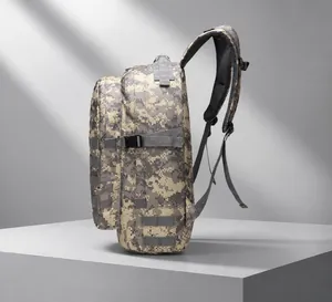 Macro detail of camouflage tactical backpack with MOLLE webbing and padded straps