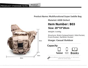 Macro detail of desert camo tactical saddle bag showing durable 600D oxford fabric and pockets