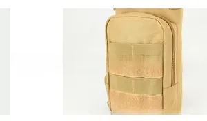 Detail view of khaki tactical MOLLE pouch showing durable nylon fabric and velcro panels