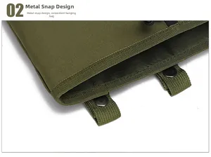 Detail of durable metal snap button and webbing loop on army green tactical bag