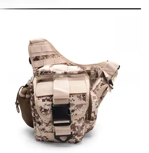 Detail view of camouflage tactical bag with MOLLE webbing and durable plastic buckle
