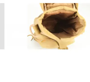 Macro view showing the spacious interior and brown lining of the khaki tactical waist bag