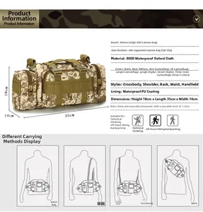 Detail of 800D waterproof oxford tactical waist bag showing four versatile carrying styles