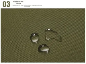 Macro detail of waterproof army green heavy duty fabric showing water resistance effect