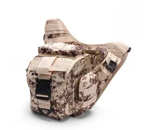 Side view of tactical camo shoulder bag featuring durable buckles and oxford fabric