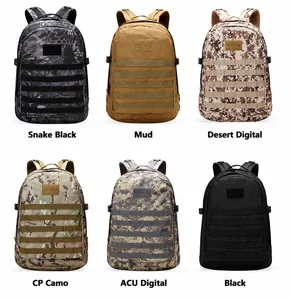 Tactical 3D backpacks in camouflage, tan, and black with MOLLE webbing system and durable fabric