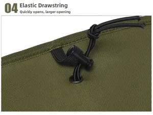 Detail of adjustable elastic drawstring and plastic cord lock on olive green utility bag