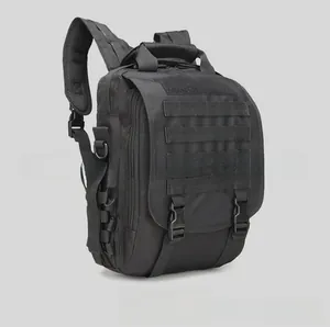 Detail view of black tactical backpack with MOLLE system and reinforced handle