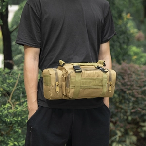 Tactical waterproof waist bag in khaki for hiking and photography with MOLLE system