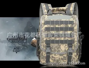 Detailed view of ACU digital camouflage tactical backpack with Molle webbing and buckles