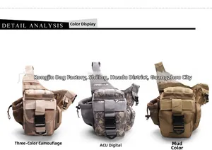 Three tactical waist bags in desert camo, digital camo, and khaki Oxford fabric
