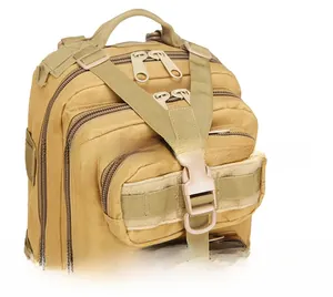 Detail of khaki tactical 3P backpack featuring Y-shaped compression straps and buckle