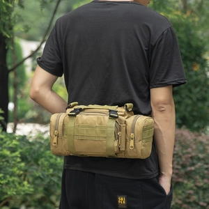 Tactical khaki outdoor waist bag with MOLLE system and multiple zippered pockets