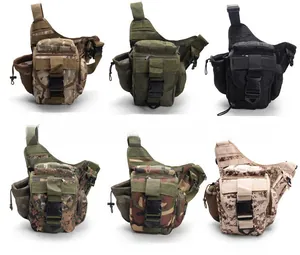Detailed view of 6 tactical sling bags in camo and solid colors with Molle system