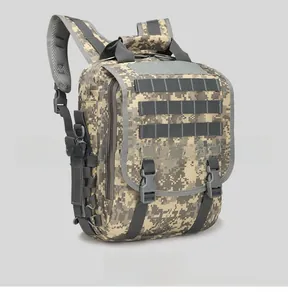 Detail of ACU camouflage tactical backpack with MOLLE system and velcro patch panel