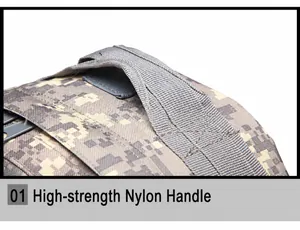 Close-up of durable reinforced nylon handle on digital camouflage tactical backpack