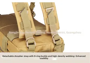 Detail of padded tactical backpack shoulder straps with D-ring and adjustable nylon webbing