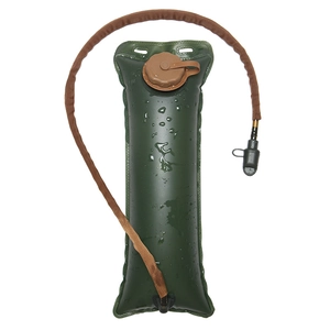 Macro detail of 3L TPU hydration bladder with olive green body and brown insulated hose