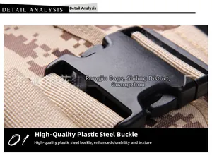 Close-up of durable POM buckle and camouflage nylon webbing on tactical bag