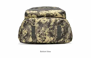 Detailed bottom view of camouflage tactical backpack with reinforced nylon webbing straps