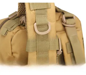 Detail showing tactical backpack shoulder straps with D-rings and breathable mesh fabric