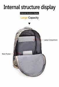 Detail of the tactical camouflage backpack featuring a padded laptop compartment and large main pocket