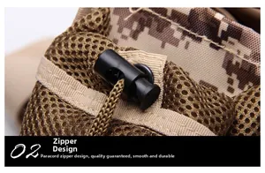 Macro detail of the smooth paracord zipper pull on camo oxford tactical shoulder bag