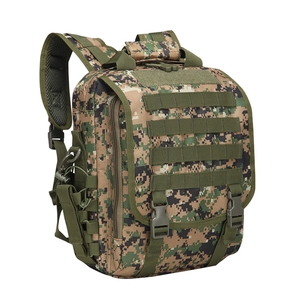 Detailed close-up of woodland digital camo tactical backpack with MOLLE webbing system